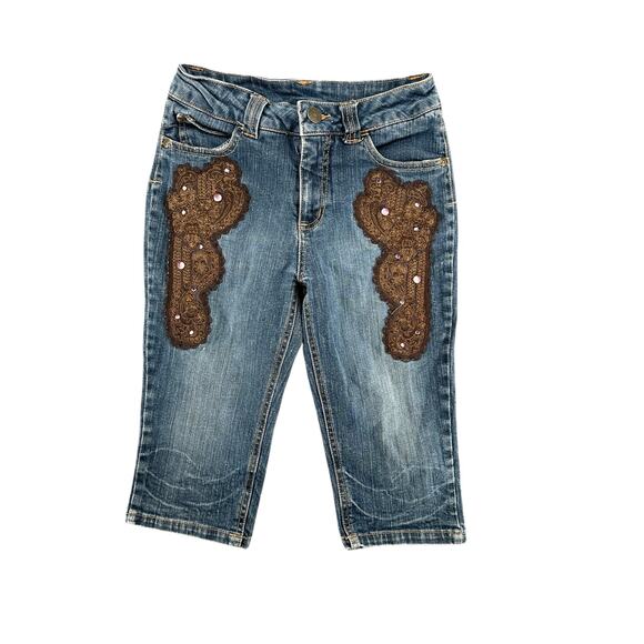 Vintage Y2K 90s Mary Kate Ashley Girls Jeans Size 12 Denim Western Boho Patches - Picture 1 of 6